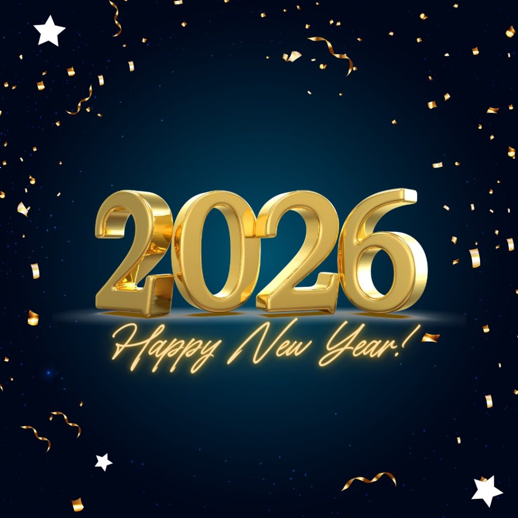 Happy New Year 2026 image with festive fireworks, bold gold text.