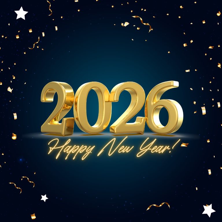 Happy New Year 2026 image with festive fireworks, bold gold text.