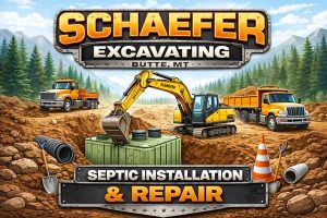 Septic installation and repair in Butte, MT by Schaefer Excavating featuring excavator placing septic tank on site